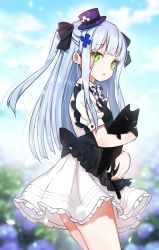 Rule 34 | 1girl, animal, animal hug, apron, bad id, bad pixiv id, black apron, black bow, black cat, blue hair, blue sky, blurry, blurry background, blush, bow, cat, commentary request, day, depth of field, dress, girls&#039; frontline, goyain, green eyes, hair bow, hair ornament, hat, highres, hk416 (black kitty&#039;s gift) (girls&#039; frontline), hk416 (girls&#039; frontline), long hair, mini hat, official alternate costume, one side up, outdoors, plaid, plaid bow, pleated dress, purple bow, purple hat, sky, solo, tilted headwear, very long hair, white dress