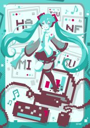 Rule 34 | 1girl, absurdres, aqua eyes, aqua hair, aqua necktie, character name, commentary, detached sleeves, food, hair ornament, hatsune miku, headphones, highres, holding, holding food, holding spring onion, holding vegetable, looking at viewer, musical note, necktie, skirt, smile, snipsnipart, solo, spring onion, thighhighs, twintails, vegetable, vocaloid
