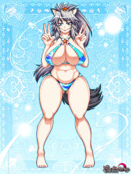Rule 34 | 1girl, animal ears, baroque night eclipse, bikini, blue eyes, breasts, cleavage, curvy, double v, full body, grey hair, huge breasts, long hair, looking at viewer, smile, solo, standing, star (symbol), swimsuit, tail, thick thighs, thighs, v, wide hips, wolf ears, wolf tail