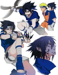 Rule 34 | 2boys, black hair, blonde hair, blue footwear, blue jacket, blue shirt, cropped shoulders, facial mark, forehead protector, from side, grey shorts, highres, holding, holding weapon, jacket, kunai, m m pb, mouth hold, multicolored clothes, multicolored jacket, multiple boys, naruto, naruto (series), orange jacket, orange pants, pants, profile, red eyes, sandals, shirt, short hair, short sleeves, shorts, simple background, toeless footwear, two-tone jacket, uchiha sasuke, weapon, whisker markings, white background