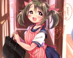 Rule 34 | 1girl, apron, bag, blue sailor collar, blue skirt, blurry, blurry background, blush, bow, breasts, brown eyes, brown hair, collarbone, flying sweatdrops, hair bow, hair ribbon, hands up, heart, holding, holding bag, idolmaster, idolmaster cinderella girls, idolmaster cinderella girls starlight stage, imai kana, indoors, jamu, long hair, looking at viewer, medium breasts, open mouth, pink ribbon, pleated skirt, red apron, ribbon, sailor collar, school uniform, serafuku, shirt, short sleeves, signature, skirt, smile, solo, speech bubble, striped apron, striped clothes, teeth, twintails, upper teeth only, white shirt