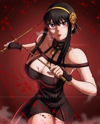 Rule 34 | 1girl, bare shoulders, black dress, black footwear, black gloves, black hair, blood, blood on clothes, blood splatter, boots, breath, choker, dress, earrings, fingerless gloves, gloves, hair ornament, hairband, highres, holding, holding weapon, jewelry, looking at viewer, red eyes, spy x family, sweat, thigh boots, thighhighs, weapon, yor briar