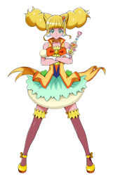 Rule 34 | 1girl, ankle bow, ankle ribbon, aqua skirt, blonde hair, bow, brooch, brown thighhighs, bubble skirt, choker, closed mouth, colored eyelashes, cone hair bun, cure sparkle, double bun, earrings, floating hair, full body, green eyes, gunbuster pose, hair bun, hair ornament, healin&#039; good precure, healing wand, highres, hiramitsu hinata, holding, holding wand, jewelry, layered skirt, leg ribbon, legs apart, looking at viewer, magical girl, medium hair, mismatched eyelashes, nyatoran (precure), on kazu, orange bow, pom pom (clothes), pom pom earrings, precure, ribbon, serious, shoes, simple background, skirt, solo, standing, thighhighs, vest, wand, white background, yellow bow, yellow choker, yellow footwear, yellow vest