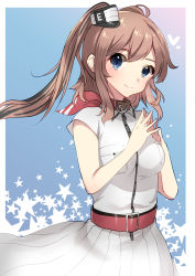 Rule 34 | 10s, 1girl, akagi kurage, anchor, ascot, belt, blue eyes, breast pocket, brown hair, dress, fingers together, highres, kantai collection, long hair, looking at viewer, pocket, ponytail, red ascot, saratoga (kancolle), side ponytail, smile, solo, star (symbol), starry background, white dress