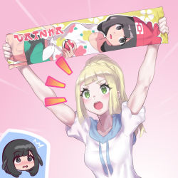 Rule 34 | 2girls, ^^^, absurdres, arms up, banner, blonde hair, blush, character print, cheering, chibi, chibi inset, collarbone, commentary request, creatures (company), embarrassed, eyelashes, game freak, green eyes, highres, holding, lillie (pokemon), long hair, mizuumi (bb), multiple girls, nintendo, open mouth, pink background, pokemon, pokemon sm, ponytail, selene (pokemon), short sleeves, sweat, teeth, tongue, upper teeth only
