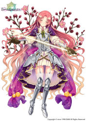 Rule 34 | 1girl, armor, armored dress, blonde hair, blush, boots, bow, brown gloves, city forest online, closed eyes, copyright name, double bun, facing viewer, flower, flower knight girl, frills, full body, gloves, gradient hair, green bow, hair bun, knee boots, layered skirt, long hair, armored boots, multicolored hair, name connection, object namesake, official art, pink hair, purple bow, skirt, solo, standing, sword, thigh strap, thighhighs, thighhighs under boots, ume (flower knight girl), very long hair, wavy hair, weapon, white background