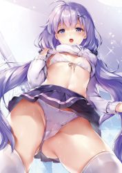 Rule 34 | 1girl, :o, ahoge, azur lane, bra, breasts, cameltoe, cardigan, chiyingzai, cleft of venus, clothes lift, commentary request, cowboy shot, crotch seam, from below, front-tie bra, gluteal fold, grey cardigan, hair ornament, hair scrunchie, long hair, long sleeves, looking at viewer, low twintails, miniskirt, navel, open mouth, panties, pleated skirt, purple eyes, purple hair, purple skirt, scrunchie, shirt lift, skirt, small breasts, solo, standing, stomach, sweat, thighhighs, thighs, twintails, underwear, unicorn (azur lane), unicorn (long-awaited date) (azur lane), very long hair, white bra, white panties, white thighhighs, x hair ornament