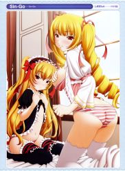 Rule 34 | 2girls, :&lt;, absurdres, ass, black thighhighs, blonde hair, breast hold, breasts, cameltoe, drill hair, frilled legwear, gothic lolita, hair ribbon, highres, large breasts, lolita fashion, long hair, multiple girls, panties, red eyes, ribbon, sin-go, striped clothes, striped panties, thighhighs, underwear, white thighhighs