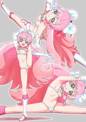 1girl :d absurdly_long_hair ass bikini boots cameltoe commentary_request covered_erect_nipples cure_prism earrings elbow_gloves gloves gluteal_fold green_eyes highres hirogaru_sky!_precure jewelry leg_up long_hair looking_at_viewer looking_up magical_girl micro_bikini multiple_views navel nijigaoka_mashiro open_mouth pink_hair precure sitting smile split spread_legs standing standing_on_one_leg standing_split stretching swimsuit teeth thong_bikini tiler_(tiler00) upper_teeth_only v very_long_hair wavy_hair white_footwear