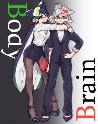 Rule 34 | + +, 2girls, :&gt;, absurdres, alternate costume, arm around shoulder, black footwear, black jacket, black legwear, black pants, black skirt, bowl, breasts, callie (splatoon), cleavage, closed mouth, collared shirt, dress shirt, earrings, english text, eyebrows, eyelashes, food, food on head, formal, frown, full body, gradient background, grey hair, hand on another&#039;s shoulder, hand on own hip, high heels, highres, holding, hug, inkling, inkling player character, jacket, jewelry, leaning on person, leaning to the side, legs, legs apart, long hair, long sleeves, looking at viewer, marie (splatoon), miniskirt, mole, mole under eye, multiple girls, nintendo, object on head, pants, pantyhose, pencil skirt, pointy ears, puchiman, purple hair, shirt, shoes, skirt, skirt suit, sleeves rolled up, splatoon (series), splatoon 1, standing, suit, swept bangs, tentacle hair, text focus, thick eyebrows, twitter username, white shirt, yellow eyes