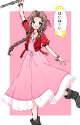 Rule 34 | 1girl, aerith gainsborough, bangle, boots, border, bracelet, braid, braided ponytail, breasts, brown footwear, brown hair, choker, cleavage, cropped jacket, dress, final fantasy, final fantasy vii, final fantasy vii remake, flower, flower choker, foot out of frame, full body, green eyes, hair ribbon, holding, holding staff, jacket, jewelry, kira0902, long dress, long hair, medium breasts, open mouth, parted bangs, pink background, pink dress, pink ribbon, puffy short sleeves, puffy sleeves, red jacket, ribbon, short sleeves, sidelocks, smile, solo, speech bubble, staff