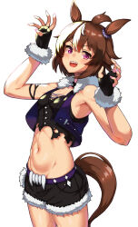 Rule 34 | 1girl, ahoge, animal ears, arm up, armband, armpits, bare shoulders, black collar, black gloves, black shirt, black shorts, breasts, brown hair, buttons, collar, collarbone, collared vest, colored inner hair, cowboy shot, cropped shirt, cropped vest, ear ornament, fingerless gloves, fingernails, fur-trimmed gloves, fur-trimmed shorts, fur collar, fur trim, gloves, groin, hair between eyes, hand up, highres, horse ears, horse girl, horse tail, lowleg, lowleg shorts, medium hair, midriff, multicolored hair, nail polish, navel, open clothes, open vest, pink eyes, pink nails, purple vest, ribs, sawara noa, sharp teeth, shinko windy (umamusume), shirt, short shorts, shorts, simple background, sleeveless, sleeveless shirt, small breasts, solo, spiked collar, spikes, stomach, tail, teeth, torn clothes, torn shirt, two-tone hair, umamusume, upper teeth only, v-shaped eyebrows, vest, white background, white hair