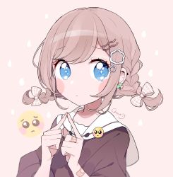 Rule 34 | + +, 1girl, bandaid, bandaid on arm, bandaid on hand, blue eyes, blush stickers, bow, braid, brown background, brown bow, brown hair, brown shirt, chon (chon33v), closed mouth, clover earrings, commentary request, emoji, fingers together, hair bow, hair ornament, hairclip, hands up, highres, index fingers together, low twintails, original, pleading face emoji, sailor collar, school uniform, serafuku, shirt, short sleeves, sidelocks, signature, simple background, solo, twin braids, twintails, upper body, white sailor collar