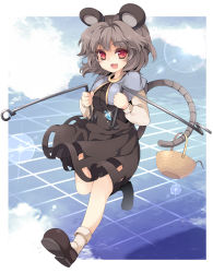 Rule 34 | 1girl, :3, animal ears, dowsing rod, female focus, grey hair, jewelry, mouse (animal), mouse ears, mouse tail, nazrin, open mouth, pendant, red eyes, short hair, solo, tail, touhou, uruu gekka