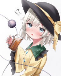Rule 34 | !?, 1girl, absurdres, alcohol, beer, beer mug, black hat, blue eyes, blush, commentary request, cup, grey hair, hat, hat ribbon, highres, hire (uret4788), holding, holding cup, komeiji koishi, looking at viewer, mug, open mouth, ribbon, sake, short hair, simple background, solo, sweatdrop, third eye, touhou, upper body, white background, yellow ribbon