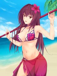 Rule 34 | 1girl, beach, bikini, bracelet, breasts, cleavage, day, fate/grand order, fate (series), flower, gae bolg (fate), hair flower, hair ornament, head tilt, highres, jewelry, large breasts, light smile, long hair, navel, ocean, outdoors, polearm, purple hair, red eyes, sakunohi c moon, sarong, scathach (fate), scathach (fate), scathach (swimsuit assassin) (fate), sky, solo, spear, swimsuit, weapon