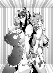 Rule 34 | 2girls, adjusting eyewear, animal ears, apron, ass-to-ass, back-to-back, blunt bangs, breasts, cat ears, cleavage, covered erect nipples, cowboy shot, elbow gloves, fake animal ears, finger to mouth, glasses, gloves, greyscale, highres, holding hands, huge breasts, index finger raised, kotoyoshi yumisuke, large breasts, lips, long hair, looking at viewer, monochrome, multiple girls, naked apron, neck garter, parted lips, ribbon-trimmed gloves, ribbon-trimmed legwear, ribbon trim, rimless eyewear, round eyewear, short hair, sideboob, striped, striped background, thighhighs, twintails