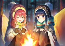 Rule 34 | 2girls, ^ ^, artist name, blue hair, blurry, blush, closed eyes, closed mouth, depth of field, fingerless gloves, fire, gloves, hair between eyes, hat, kagamihara nadeshiko, long hair, long sleeves, multiple girls, nonono (nononotea), open mouth, outdoors, pink hair, purple eyes, scarf, shima rin, smile, squatting, striped clothes, striped scarf, tree, yurucamp