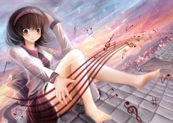 Rule 34 | 1girl, arched back, architecture, bad id, bad pixiv id, bare legs, barefoot, blouse, blurry, brown hair, depth of field, east asian architecture, hand on own head, headband, highres, light smile, long sleeves, looking at viewer, momen102 (sji09u), musical note, purple eyes, quaver, rooftop, sharp sign, shirt, short hair, sitting, skirt, solo, staff (music), touhou, town, treble clef, tsukumo yatsuhashi, twilight