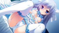 Rule 34 | 1girl, ayashiro kagari, bed, blue dress, blue eyes, blue panties, blue theme, blush, bow, bra, bra pull, breasts, breasts out, cameltoe, clothes lift, clothes pull, dress, dress lift, frilled bra, frilled dress, frilled panties, frilled thighhighs, frills, game cg, garter straps, hair bow, innocent girl, legs, long hair, looking at viewer, nanaka mai, nipples, panties, pussy juice stain, silver hair, small breasts, solo, spread legs, stained panties, thighhighs, underwear, wet, wet clothes, wet panties, white thighhighs