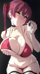 Rule 34 | 1girl, bikini, blush, breasts, choker, cleavage, collarbone, grabbing own breast, heterochromia, highres, hololive, houshou marine, huge breasts, long hair, mitarashi o, navel, red bikini, red eyes, red hair, smile, solo, stomach, sweat, swimsuit, thigh strap, thighs, twintails, virtual youtuber, yellow eyes