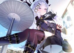 Rule 34 | 3:, armband, averting eyes, black coat, black footwear, black gloves, black skirt, black thighhighs, blue archive, blurry, boots, cellphone, chair, coat, demon girl, demon horns, depth of field, facing away, forehead, from below, gloves, hair ornament, hairclip, halo, highres, hina (blue archive), holding, holding phone, horns, karasu-san (syh3iua83), knee boots, knees together feet apart, military, military uniform, open clothes, open coat, outdoors, phone, purple eyes, red armband, skirt, smartphone, table, thighhighs, uniform, white hair, zettai ryouiki
