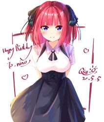 Rule 34 | 1girl, absurdres, arms behind back, black dress, black ribbon, blue eyes, blunt bangs, blush, breasts, butterfly hair ornament, dress, eyebrows hidden by hair, go-toubun no hanayome, hair ornament, happy birthday, highres, large breasts, looking at viewer, nakano nino, pink hair, qs11, ribbon, shirt, short sleeves, simple background, smile, twintails, white background, white shirt