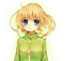 Rule 34 | 1girl, bad id, bad pixiv id, blonde hair, blue eyes, green shirt, moe on drop, no bra, open clothes, open shirt, poniko, shirt, simple background, solo, yume nikki