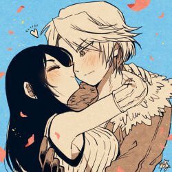 Rule 34 | 1boy, 1girl, arms around neck, bare shoulders, black hair, blue background, blush, breasts, closed mouth, couple, detached sleeves, falling petals, final fantasy, final fantasy viii, fur-trimmed jacket, fur trim, gloves, greyscale with colored background, heart, hug, jacket, large breasts, long hair, looking at another, petals, rinoa heartilly, serieru (summertosuika), short hair, signature, smile, spot color, squall leonhart, upper body