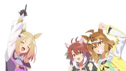Rule 34 | 3girls, ahoge, animal ears, arm up, black gloves, blonde hair, blush, brown eyes, brown hair, clenched hand, clenched hands, closed eyes, colored tips, commentary request, dantsu flame (umamusume), dress, ear covers, ear ornament, earrings, gloves, grin, hair between eyes, hair ornament, highres, hood, hoodie, horse ears, horse girl, jacket, jewelry, jungle pocket (umamusume), multicolored hair, multiple girls, narita top road (umamusume), open clothes, open jacket, open mouth, pointing, pointing up, purple dress, ryuu (ryuraconis), single earring, smile, streaked hair, transparent background, umamusume, upper body, white hair, x hair ornament, yellow jacket
