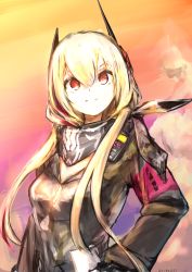 Rule 34 | 1girl, absurdres, armband, blonde hair, breasts, close-up, closed mouth, dot nose, girls&#039; frontline, hair between eyes, hand on own hip, headgear, highres, kerchief, long hair, looking afar, m4 sopmod ii (girls&#039; frontline), medium breasts, miyopiwi, multicolored hair, red eyes, solo, streaked hair, upper body, zipper