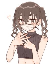 Rule 34 | 1girl, bare arms, bare shoulders, black shirt, breasts, brown eyes, brown hair, crop top, crossed bangs, double v, hair between eyes, hamuchosu, heart, highres, idolmaster, idolmaster cinderella girls, looking at viewer, mask, midriff, mole, mole under eye, mouth mask, navel, shirt, simple background, sleeveless, sleeveless shirt, small breasts, solo, sunazuka akira, surgical mask, turtle, twintails, upper body, v, white background