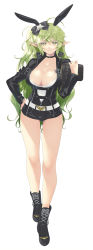Rule 34 | 1girl, absurdres, animal ears, bag, belt, black footwear, black leotard, boots, breasts, choker, cleavage, closed mouth, collarbone, commentary request, commission, elf, elsword, fake animal ears, full body, green hair, hair ornament, hand on own hip, handbag, highres, holding, large breasts, leotard, lips, long hair, long sleeves, looking at viewer, murata tefu, pointy ears, rabbit ears, rena erindel, simple background, skeb commission, smile, solo, thighs, white background, yellow eyes, zipper, zipper pull tab