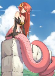 Rule 34 | 10s, 1girl, bare shoulders, blue sky, breasts, cleavage, cloud, day, detached sleeves, full body, hair ornament, hairclip, head tilt, highres, lamia, large breasts, leaning forward, long hair, miia (monster musume), monster girl, monster musume no iru nichijou, navel, outdoors, pointy ears, red hair, sa-ryong, scales, sitting, sky, slit pupils, smile, solo, vins-mousseux, yellow eyes