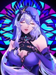 Rule 34 | 1girl, :d, absurdres, bare shoulders, black gloves, black swan (honkai: star rail), breasts, cleavage, closed eyes, commentary, dress, elbow gloves, facing viewer, gloves, highres, honkai: star rail, honkai (series), kaizy (kaizy 07), large breasts, long hair, open mouth, purple dress, purple hair, sleeveless, sleeveless dress, smile, solo, upper body, veil, very long hair
