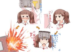 Rule 34 | 10s, 1boy, 1girl, admiral (kancolle), alternate hairstyle, bag on head, blunt bangs, blush, brown eyes, brown hair, commentary request, enjaku izuku, explosion, fang, highres, kantai collection, mirror, ryuujou (kancolle), scissors, sweatdrop, translation request, twintails