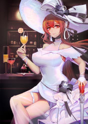Rule 34 | absurdres, azur lane, bar (place), bare shoulders, blush, bow, breasts, choker, cleavage, cocktail, cocktail glass, commentary, crossed legs, cup, dress, drinking glass, earrings, food, fruit, gloves, hair between eyes, hair ribbon, hat, hat bow, highres, holding, holding cup, jewelry, jianshu, large breasts, light particles, long hair, monarch (azur lane), monarch (white warrick) (azur lane), monarch (white warrick) (azur lane), official alternate costume, orange (fruit), orange slice, red hair, ribbon, scepter, sidelocks, sitting, smile, solo, sun hat, thigh strap, white dress