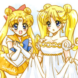Rule 34 | 2girls, aino minako, artist name, beads, bishoujo senshi sailor moon, blonde hair, blue eyes, breasts, cleavage, cosplay, costume switch, crescent, crescent facial mark, double bun, dress, earrings, elbow gloves, facial mark, forehead mark, gloves, hair beads, hair ornament, hair ribbon, jewelry, long hair, lowres, medium breasts, miniskirt, multiple girls, open mouth, own hands together, pleated skirt, princess serenity, princess serenity (cosplay), ribbon, sailor venus, sailor venus (cosplay), shirataki kaiseki, signature, skirt, skirt hold, smile, strapless, strapless dress, tsukino usagi, twintails, very long hair, white dress, white gloves