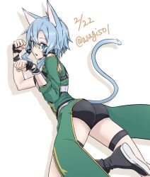 Rule 34 | 1girl, animal ears, artist name, asagi501, ass, black shorts, blue eyes, blue hair, cat day, cat ears, cat tail, dated, dress, green dress, hair between eyes, highres, looking at viewer, looking back, open mouth, paw pose, shadow, short shorts, shorts, sinon, sinon (sao-alo), solo, sword art online, tail, twitter username, white background