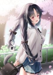 Rule 34 | 1girl, arms behind back, azur lane, bag, black hair, braid, breasts, bush, cardigan, cat girl, cherry blossoms, collared shirt, cowboy shot, crying, day, fence, green skirt, hair ribbon, highres, long sleeves, looking at viewer, looking back, looking to the side, medium breasts, official alternate costume, ooshio (azur lane), ooshio (let&#039;s &#039;ave lunch) (azur lane), open cardigan, open clothes, open mouth, outdoors, petals, red eyes, ribbon, scenery, school bag, school uniform, shirt, skirt, solo, streaming tears, tears, tree, twin braids, white cardigan, yorumon