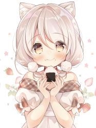 Rule 34 | animal ear fluff, animal ears, bare shoulders, brown hair, choker, dog ears, dog girl, dress, fingernails, food, food on face, fruit background, gau (n00 shi), grey hair, highres, holding, holding food, low twintails, nail polish, off-shoulder dress, off shoulder, onigiri, original, red choker, rice, rice on face, short hair, short sleeves, short twintails, solo, strawberry background, twintails, upper body, white background, white dress, yellow eyes