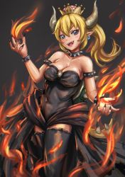 Rule 34 | 1girl, absurdres, armlet, black dress, black nails, black thighhighs, blonde hair, blush, borrowed design, bowsette, bracelet, breasts, cleavage, collar, covered navel, cowboy shot, crown, dress, earrings, fire, fire, grey background, hair between eyes, highres, horns, jewelry, long hair, mario (series), medium breasts, mikazukiblue, nail polish, new super mario bros. u deluxe, nintendo, pointy ears, ponytail, sharp teeth, solo, spiked armlet, spiked bracelet, spiked collar, spiked shell, spiked tail, spikes, strapless, strapless dress, super crown, sweatdrop, tail, teeth, thighhighs, transformation, turtle shell, zettai ryouiki