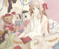Rule 34 | 1girl, blush, bow, box, brown hair, covering privates, green eyes, hair bow, highres, in box, in container, konoe ototsugu, bridal garter, long hair, nude, nude cover, ribbon, silver hair, solo, stuffed animal, stuffed toy, suitcase, teddy bear