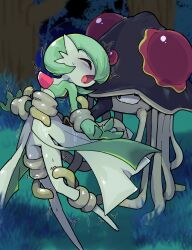 Rule 34 | 1girl, ^ ^, black eyes, bob cut, closed eyes, colored skin, creatures (company), female focus, flat chest, forest, full body, game freak, gardevoir, gem, gen 3 pokemon, grass, green hair, green skin, hair over one eye, highres, knees together feet apart, legs, looking at another, multicolored skin, nature, night, nintendo, one eye covered, open mouth, outdoors, pokemon, pokemon (creature), red gemstone, restrained, sasaki rindou, shiny skin, short hair, slime (substance), standing, sweat, tentacles, toedscruel, tree, trembling, two-tone skin, white skin