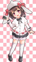 Rule 34 | 1girl, :d, animal bag, animal ears, animal hat, bad id, bad pixiv id, bag, black bow, black footwear, bloomers, blush, bow, braid, brown hair, cellphone, checkered background, commentary request, fake animal ears, full body, girls&#039; frontline, hair bow, hat, hat bow, head tilt, highres, holding, holding phone, jacket, layered sleeves, long sleeves, m99 (girls&#039; frontline), m99 (rabbit squad) (girls&#039; frontline), official alternate costume, open mouth, phone, puffy short sleeves, puffy sleeves, rabbit bag, rabbit ears, rabbit hat, red bow, red eyes, shoes, short over long sleeves, short sleeves, shoulder bag, sills, sleeves past wrists, smile, solo, standing, striped, striped bow, thighhighs, twin braids, underwear, white bloomers, white bow, white hat, white jacket, white thighhighs