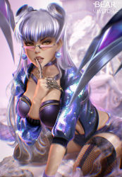 Rule 34 | 1girl, absurdres, bearwitch, breasts, cleavage, evelynn (league of legends), female focus, highres, jacket, jewelry, k/da (league of legends), k/da evelynn, league of legends, long hair, looking at viewer, looking over eyewear, looking over glasses, navel, pink-tinted eyewear, pink-tinted glasses, purple hair, sunglasses, tagme, thighhighs, thighs, tinted eyewear, tongue, tongue out, watermark, yellow eyes