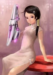 Rule 34 | 1girl, arm support, bad id, bad pixiv id, china dress, chinese clothes, dress, hair ornament, science fiction, solo, weapon, zenox