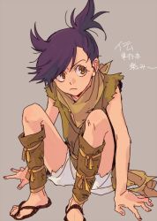 Rule 34 | 1girl, androgynous, black hair, brown eyes, dororo (character), dororo (tezuka), edmhhhnh, female focus, frown, grey background, reverse trap, sandals, short shorts, shorts, simple background, sitting, sleeveless, solo, toes, torn clothes