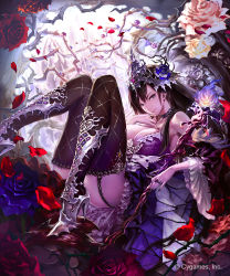 Rule 34 | 1girl, armored boots, black hair, black nails, black thighhighs, blue flower, boots, breasts, brown eyes, cleavage, detached sleeves, flower, garter straps, hair flower, hair ornament, high heel boots, high heels, highres, hisakata souji, jewelry, large breasts, long hair, looking at viewer, nail polish, petals, red flower, ring, rose, shingeki no bahamut, sitting, smile, solo, thighhighs
