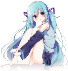 Rule 34 | 1girl, absurdres, aqua hair, bad id, bad pixiv id, bad proportions, barefoot, blue eyes, blush, detached sleeves, hatsune miku, highres, kayahara, long hair, sitting, skirt, solo, twintails, very long hair, vocaloid, white background